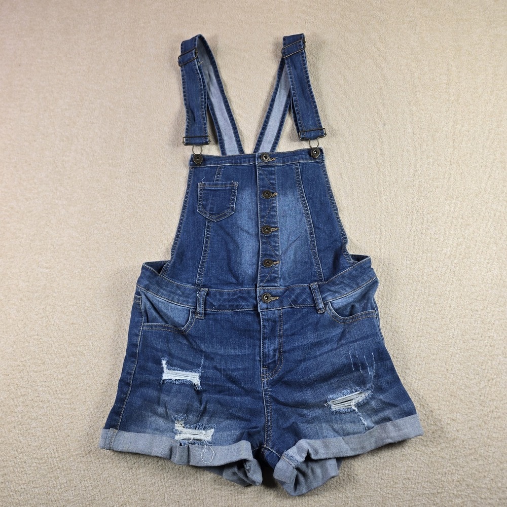 Wax Jean Denim Overall Shorts Medium Distressed Button Front Bib Women's